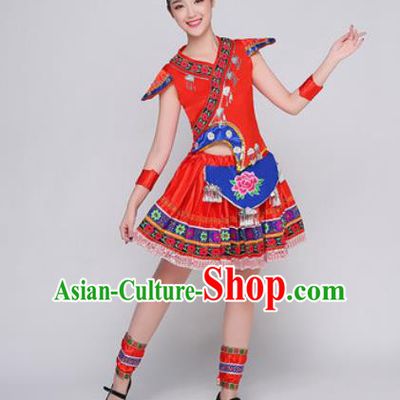 Traditional Chinese Miao Nationality Folk Dance Red Dress Hmong National Ethnic Costume for Women