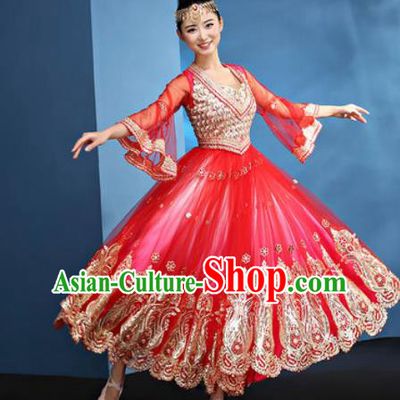 Chinese Traditional Opening Dance Rosy Bubble Dress Modern Dance Chorus Stage Performance Costume for Women