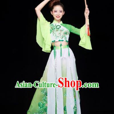 Traditional Chinese Folk Dance Stage Show Clothing Group Umbrella Dance Green Costume for Women