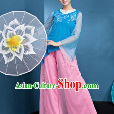 Traditional Chinese Folk Dance Stage Show Clothing Group Fan Dance Blue Costume for Women