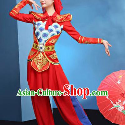 Traditional Chinese Folk Dance Stage Show Clothing Group Drum Dance Red Costume for Women