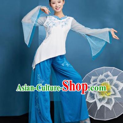Traditional Chinese Folk Dance Stage Show Clothing Group Fan Dance Blue Costume for Women