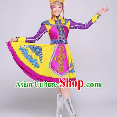 Traditional Chinese Mongol Nationality Folk Dance Purple Dress Mongolian National Ethnic Costume for Women