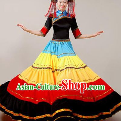 Traditional Chinese Yi Nationality Dress National Ethnic Folk Dance Costume for Women