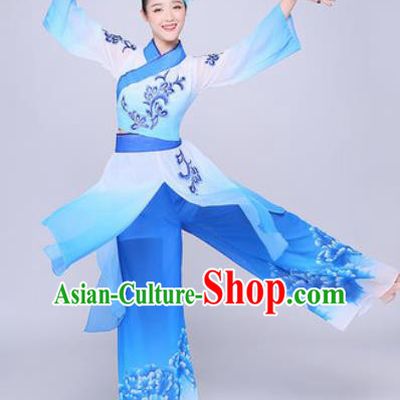 Chinese Traditional Folk Dance Group Dance Blue Clothing Yangko Fan Dance Costume for Women