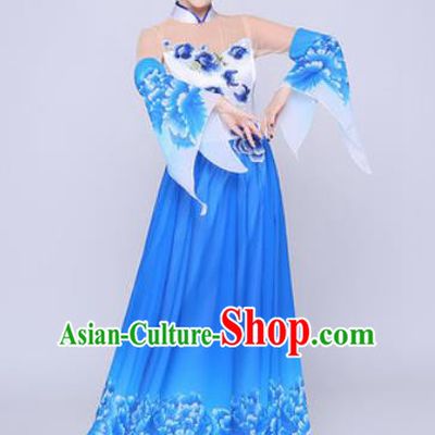 Chinese Traditional Classical Dance Peony Dance Blue Dress Umbrella Dance Stage Performance Costume for Women