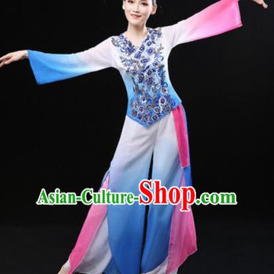 Chinese Traditional Fan Dance Blue Clothing Folk Dance Group Yangko Dance Stage Performance Costume for Women