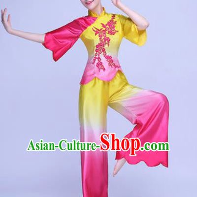 Traditional Chinese Folk Dance Rosy Silk Clothing Yangko Dance Costume for Women