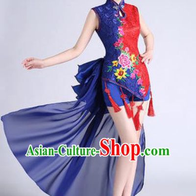 Traditional Chinese Folk Dance Drum Dance Blue Clothing Yangko Dance Costume for Women