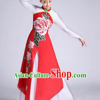 Chinese Traditional Classical Dance Printing Peony Red Dress Umbrella Dance Stage Performance Costume for Women
