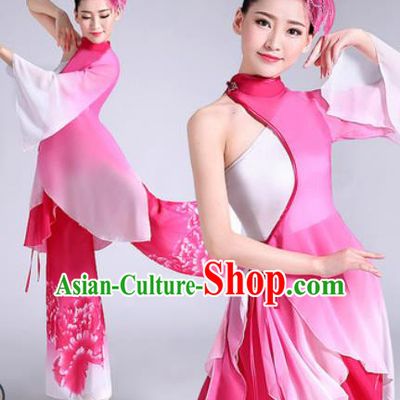 Chinese Traditional Classical Dance Fan Dance Rosy Dress Umbrella Dance Stage Performance Costume for Women