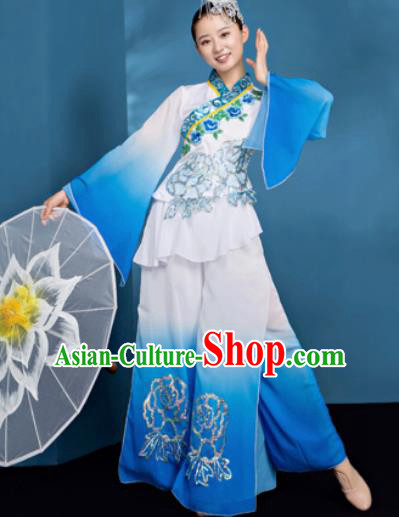 Traditional Chinese Folk Dance Umbrella Dance Blue Clothing Yangko Dance Costume for Women Traditional Chinese Folk Dance Umbrella Dance Blue Clothing Yangko Dance Costume for Women
