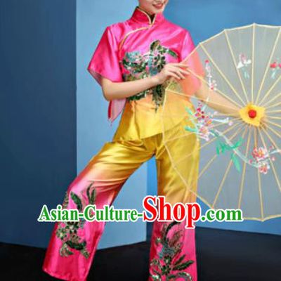 Traditional Chinese Folk Dance Fan Dance Clothing Yangko Dance Rosy Costume for Women
