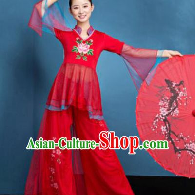 Traditional Chinese Folk Dance Fan Dance Red Veil Clothing Yangko Dance Costume for Women