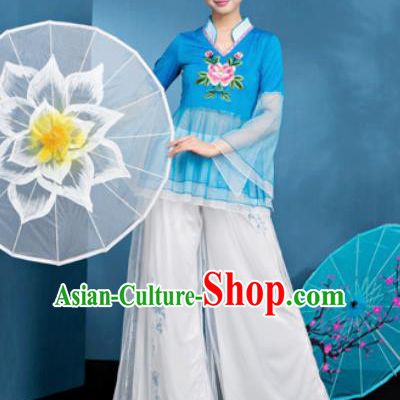 Traditional Chinese Folk Dance Blue Veil Clothing Yangko Dance Fan Dance Costume for Women