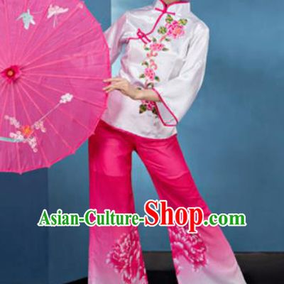 Traditional Chinese Folk Dance Stage Show Clothing Yangko Dance Printing Peony Pink Costume for Women