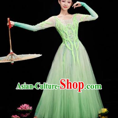Chinese Traditional Opening Dance Chorus Green Veil Dress Modern Dance Stage Performance Costume for Women