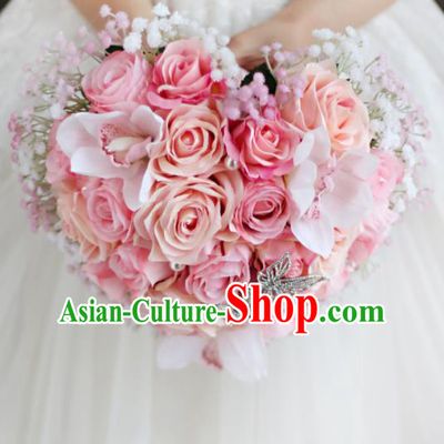 Top Grade Wedding Bridal Bouquet Hand Pink Roses Ball Tied Bouquet Flowers for Women
