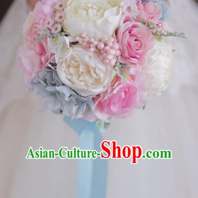 Top Grade Wedding Bridal Bouquet Hand White and Pink Peony Ball Tied Bouquet Flowers for Women