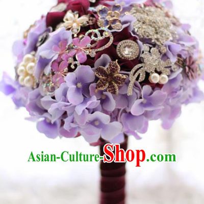 Top Grade Wedding Bridal Bouquet Hand Emulational Purple Flowers Crystal Ball Tied Bouquet Flowers for Women
