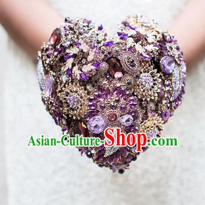 Top Grade Wedding Bridal Bouquet Hand Purple Crystal Flowers Ball Tied Bouquet Flowers for Women