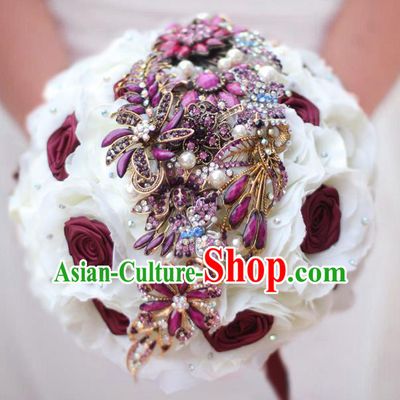 Top Grade Wedding Bridal Bouquet Hand Purple Crystal Roses Ball Tied Bouquet Flowers for Women