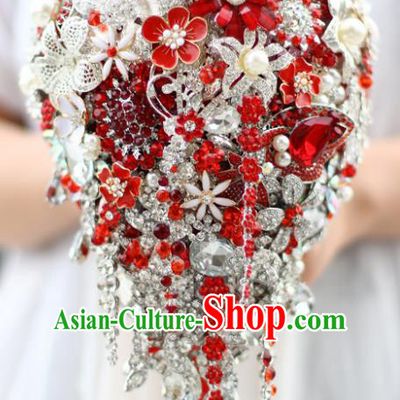 Top Grade Wedding Bridal Bouquet Hand Red Crystal Flowers Ball Tied Bouquet Flowers for Women