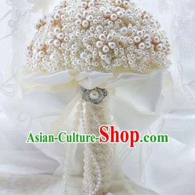 Chinese Traditional Wedding Bridal Bouquet White Pearls Flowers Bunch for Women