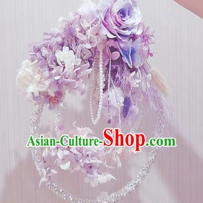 Chinese Traditional Wedding Bridal Bouquet Purple Flowers Bunch Basket for Women