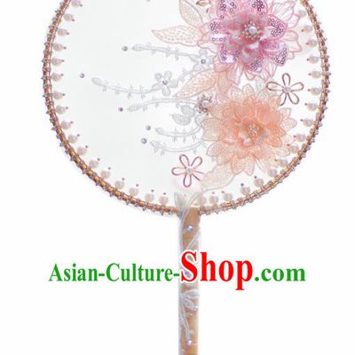 Chinese Traditional Wedding Round Fans Classical Bride Pink Flower Palace Fan for Women