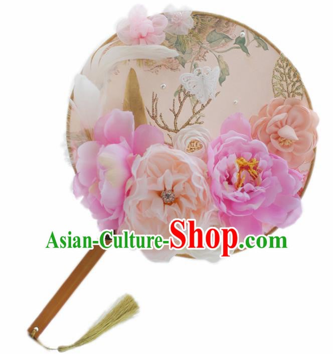 Chinese Traditional Wedding Round Fans Classical Bride Pink Peony Palace Fan for Women Chinese Traditional Wedding Round Fans Classical Bride Pink Peony Palace Fan for Women
