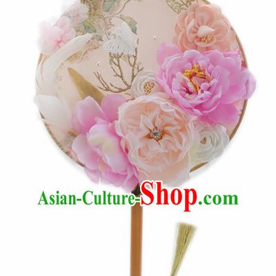 Chinese Traditional Wedding Round Fans Classical Bride Pink Peony Palace Fan for Women