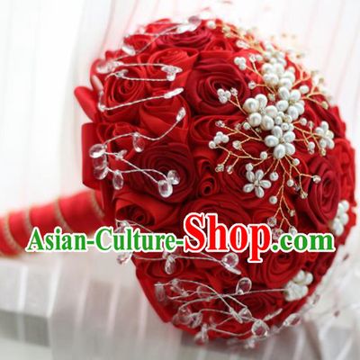 Top Grade Wedding Bridal Bouquet Hand Red Rose Flowers Bunch for Women