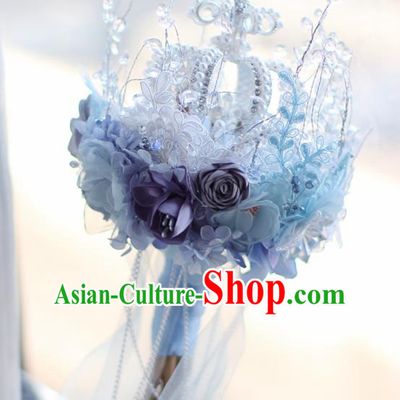 Top Grade Wedding Bridal Bouquet Hand Blue Flowers Royal Crown Bunch for Women