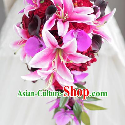 Top Grade Wedding Bridal Bouquet Hand Red Roses Lily Flowers Bunch for Women