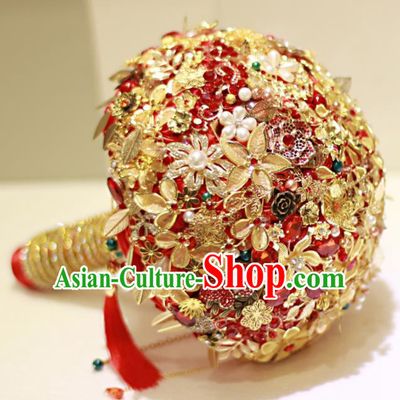 Top Grade Wedding Bridal Bouquet Hand Red Crystal Butterfly Flowers Bunch for Women