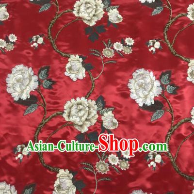 Asian Chinese Royal Embroidered Peony Pattern Red Brocade Fabric Traditional Cheongsam Silk Fabric Material