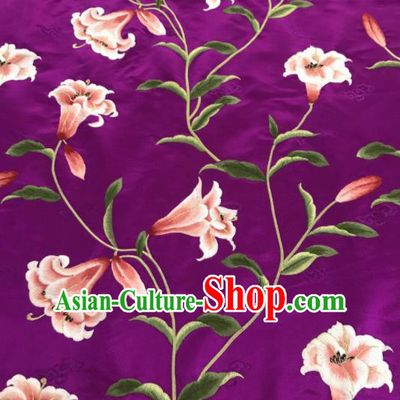 Asian Chinese Embroidered Greenish Lily Flower Pattern Purple Brocade Fabric Traditional Cheongsam Silk Fabric Material