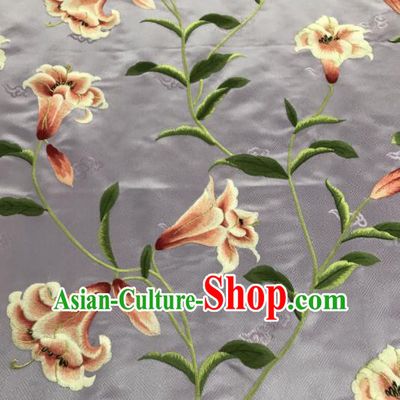Asian Chinese Embroidered Greenish Lily Flower Pattern Grey Brocade Fabric Traditional Cheongsam Silk Fabric Material