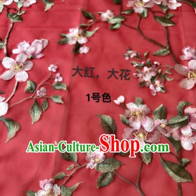 Asian Chinese Embroidered Peach Blossom Pattern Red Silk Fabric Material Traditional Cheongsam Brocade Fabric