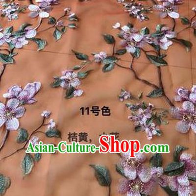 Asian Chinese Embroidered Peach Blossom Pattern Orange Silk Fabric Material Traditional Cheongsam Brocade Fabric