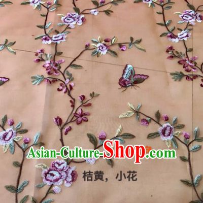 Asian Chinese Embroidered Peach Flowers Pattern Orange Silk Fabric Material Traditional Cheongsam Brocade Fabric