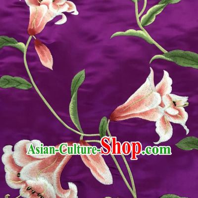 Asian Chinese Embroidered Lily Flowers Pattern Purple Silk Fabric Material Traditional Cheongsam Brocade Fabric