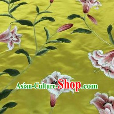 Asian Chinese Embroidered Lily Flowers Pattern Yellow Silk Fabric Material Traditional Cheongsam Brocade Fabric