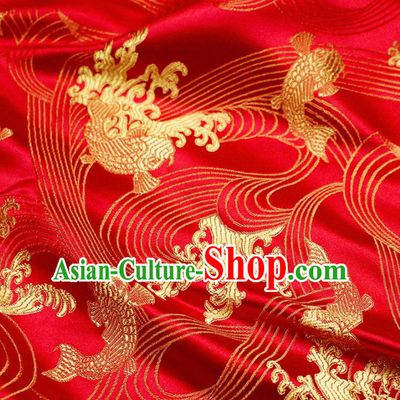 Asian Chinese Royal Carp Pattern Red Brocade Fabric Traditional Silk Fabric Tang Suit Material