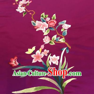Asian Chinese Embroidered Orchid Pattern Purple Silk Fabric Material Traditional Cheongsam Brocade Fabric