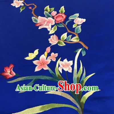 Asian Chinese Embroidered Orchid Pattern Royalblue Silk Fabric Material Traditional Cheongsam Brocade Fabric
