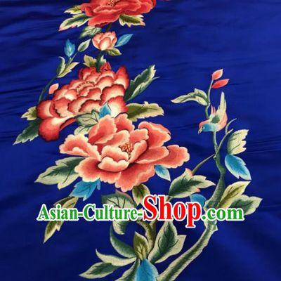 Asian Chinese Embroidered Peony Pattern Royalblue Silk Fabric Material Traditional Cheongsam Brocade Fabric