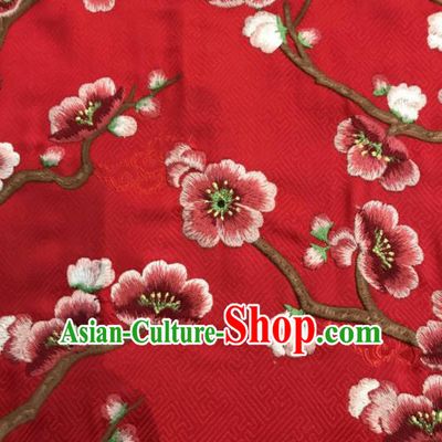 Asian Chinese Suzhou Embroidered Wintersweet Pattern Red Silk Fabric Material Traditional Cheongsam Brocade Fabric