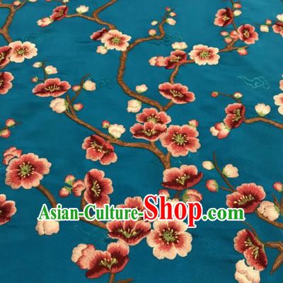 Asian Chinese Suzhou Embroidered Wintersweet Pattern Blue Silk Fabric Material Traditional Cheongsam Brocade Fabric